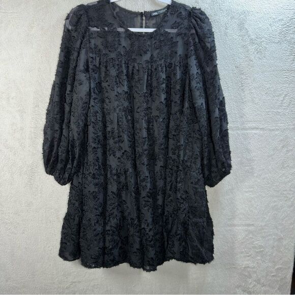 Zara Black Floral Textured Mini Dress Balloon Sleeve Layered‎ Gothic Size S - Picture 1 of 7